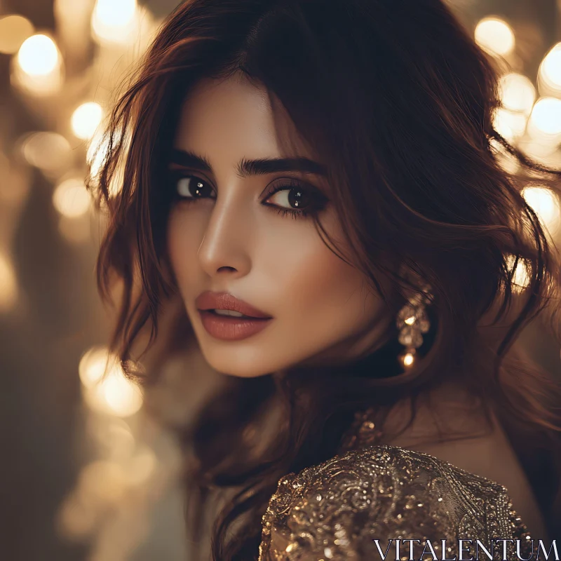 Glamorous Woman in Golden Dress with Bokeh Lights AI Image