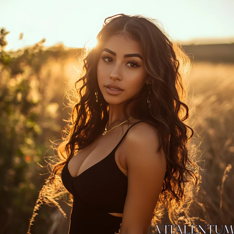 Golden Hour Woman Portrait in a Field AI Image