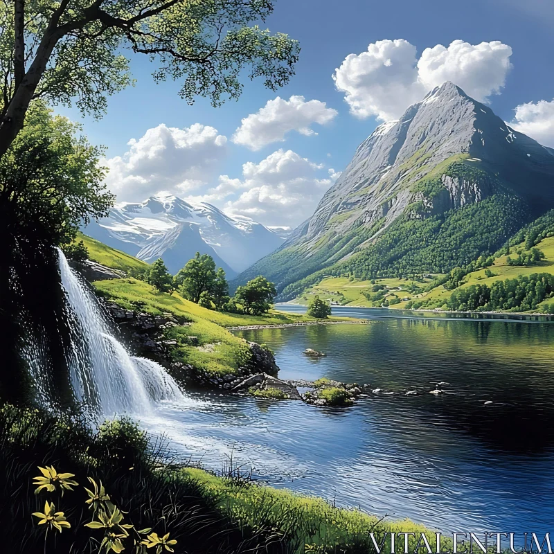 Scenic Mountain Range with Serene Waterfall AI Image