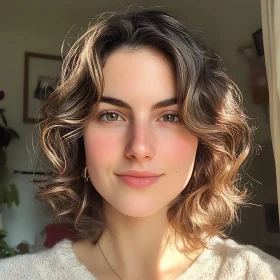 Peaceful Woman with Curly Hair in Soft Lighting