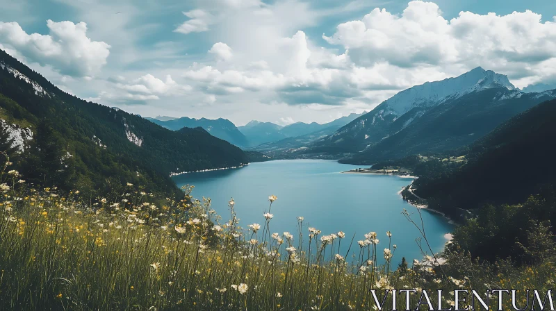 Idyllic Lake and Mountain Landscape with Wildflowers AI Image