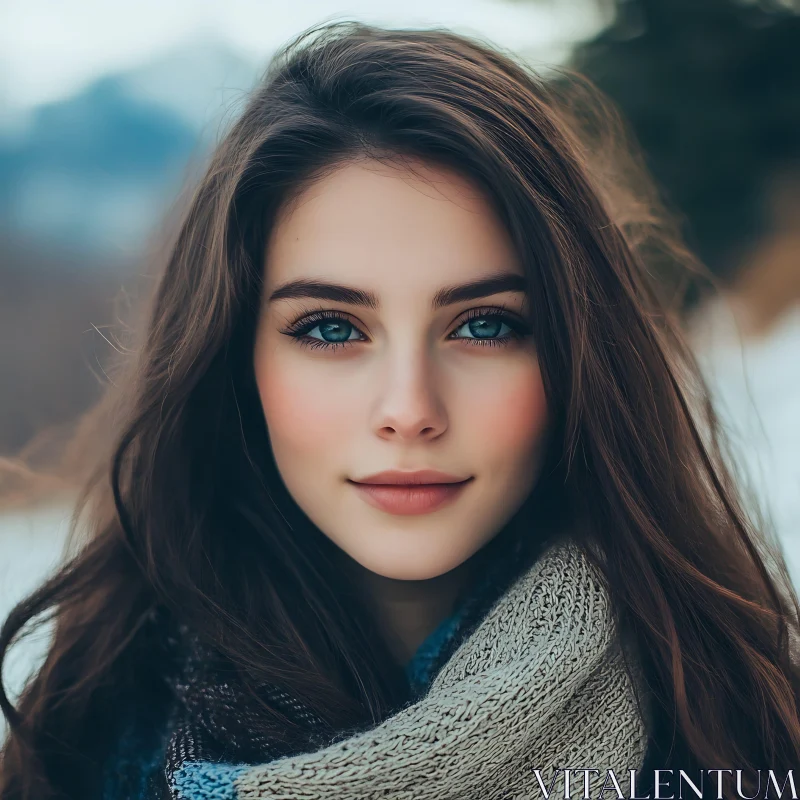 Close-Up Portrait of a Woman with Blue Eyes in Winter AI Image