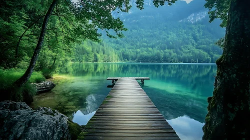 Serene Lake with Wooden Pier and Clear Waters