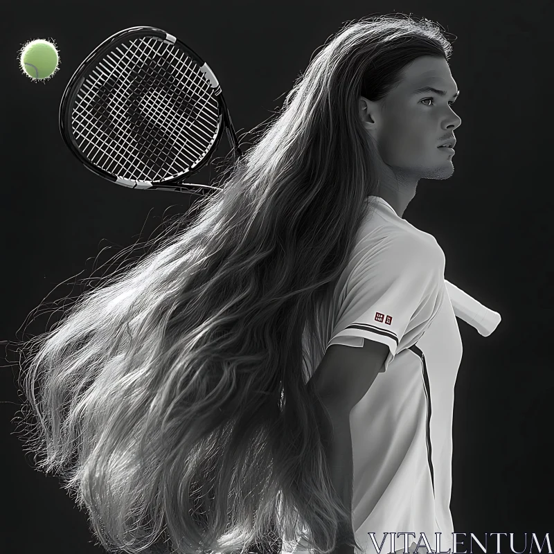 Flowing Hair Athlete in Tennis Action AI Image