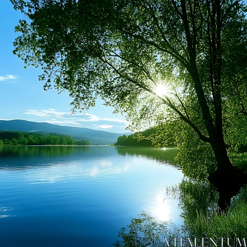 Serene Landscape of Sunlit Lake and Trees AI Image