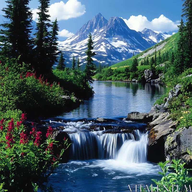 Mountain River and Waterfall in a Lush Green Landscape AI Image