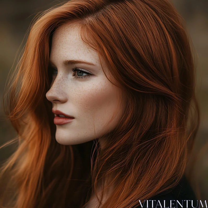 Profile Portrait of a Freckled Redhead AI Image