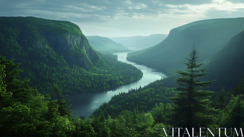 AI ART Tranquil River Flowing through Verdant Mountainous Valley