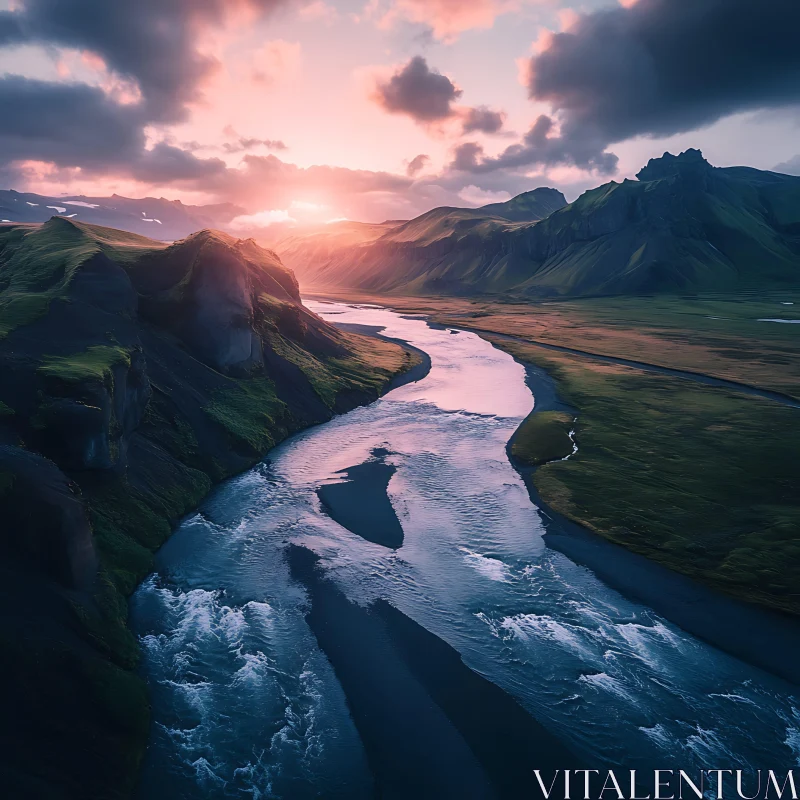 Sunset Over a Scenic River Valley AI Image