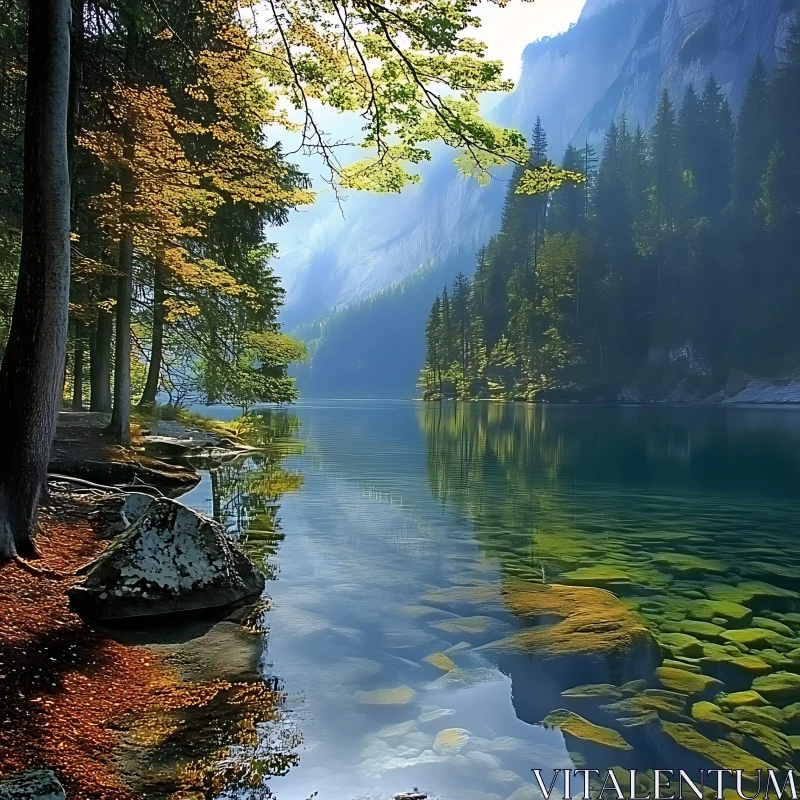 Tranquil Lake with Forest and Mountain Views AI Image