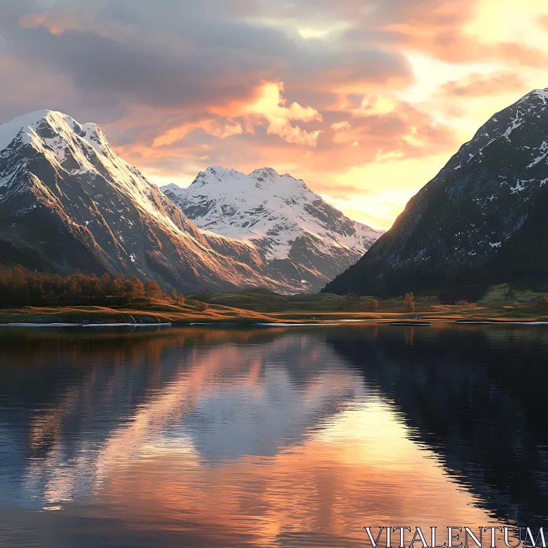 Sunset Landscape with Snow-Capped Peaks and Serene Lake AI Image