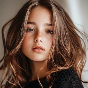 Young Girl with Freckles and Brown Hair in Soft Light