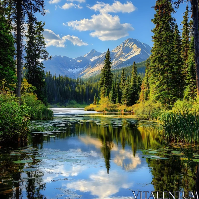 Tranquil Lake Reflecting Majestic Mountains and Verdant Forests AI Image