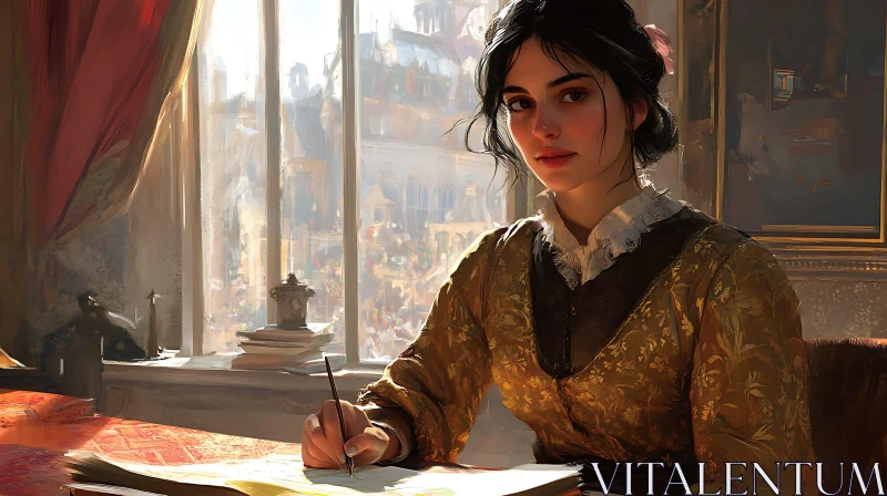 AI ART Young Woman in Historical Attire Writing by Sunlit Window