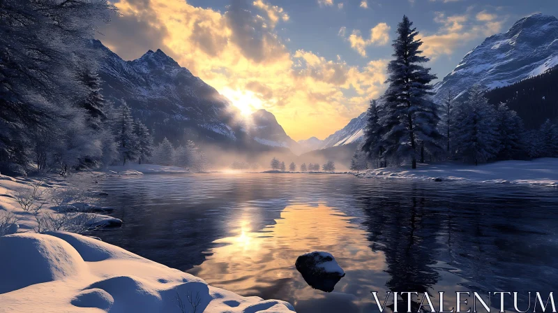 Mountain Lake at Evening with Snowy Scenery AI Image