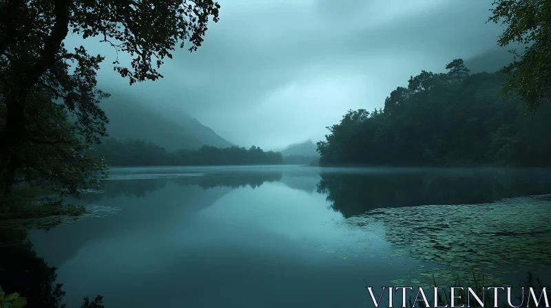 Tranquil Misty Lake Landscape AI Image