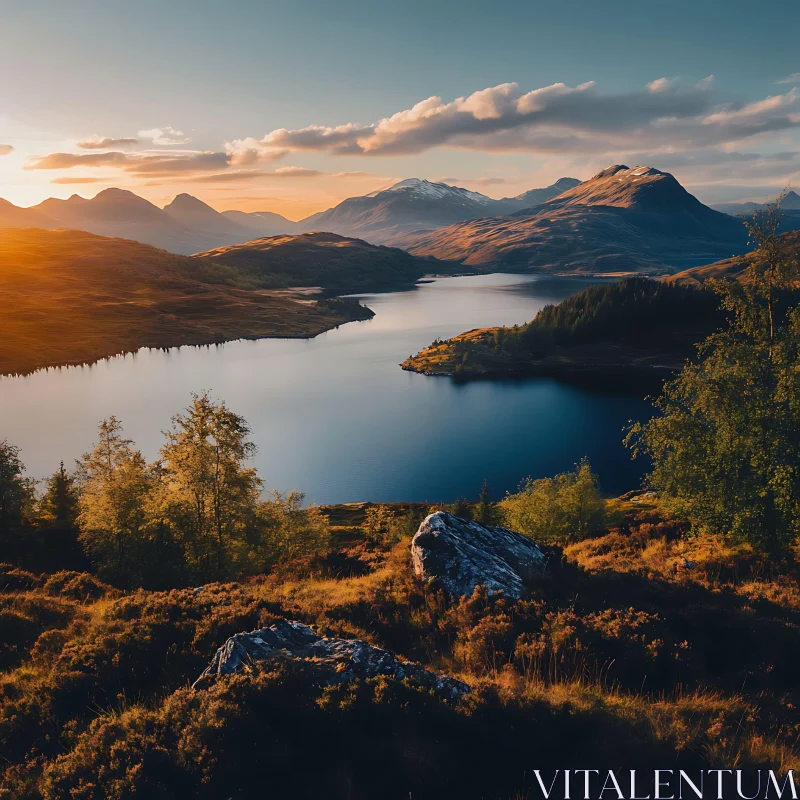 Golden Sunset Over Serene Lake and Mountains AI Image