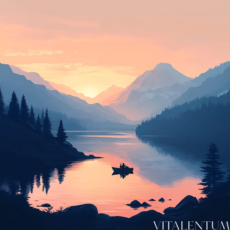 Calm Sunset Landscape with Mountains and Lake AI Image