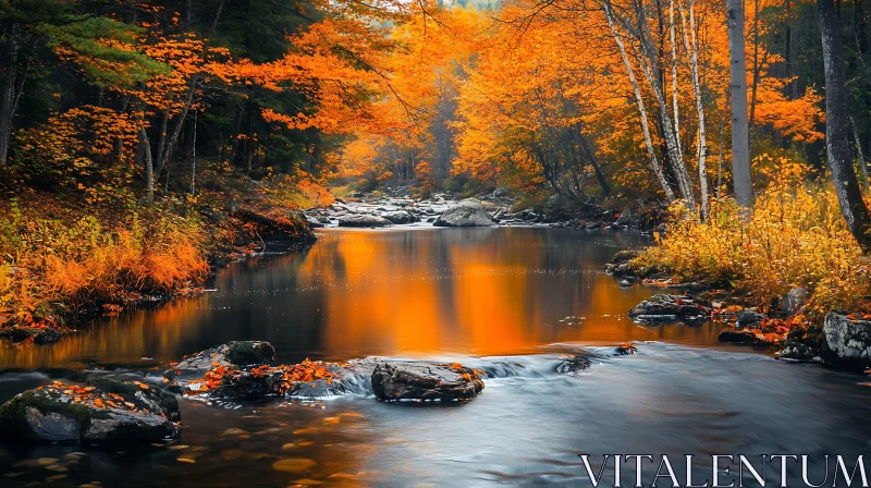 Serene Autumn Stream Surrounded by Colorful Trees AI Image