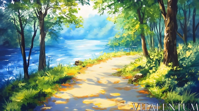 Tranquil Forest Trail by the Water AI Image