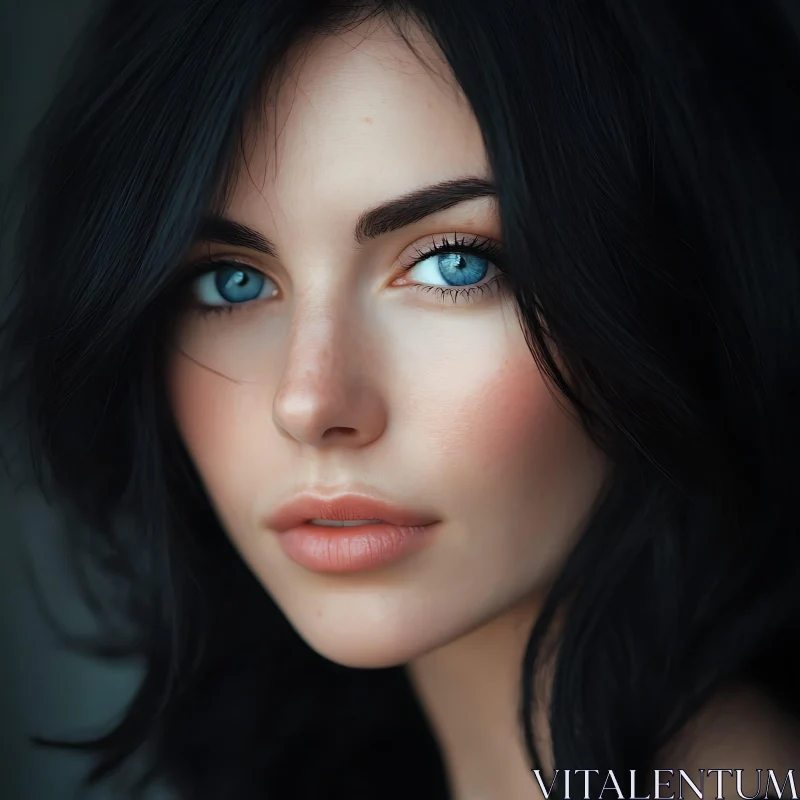 Portrait of a Woman with Blue Eyes and Dark Hair AI Image