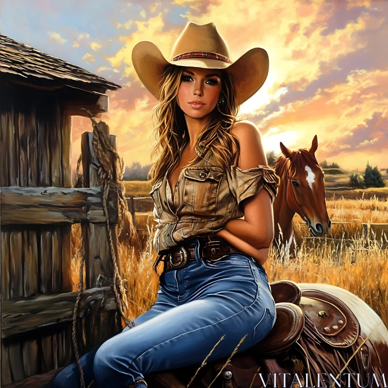 Rural Cowgirl at Sunset with Horse AI Image