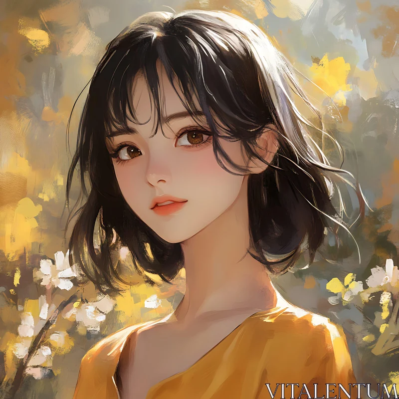 Anime Girl with Short Black Hair and Floral Accents AI Image