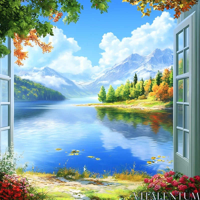 AI ART Scenic Mountain Lake View from Open Window