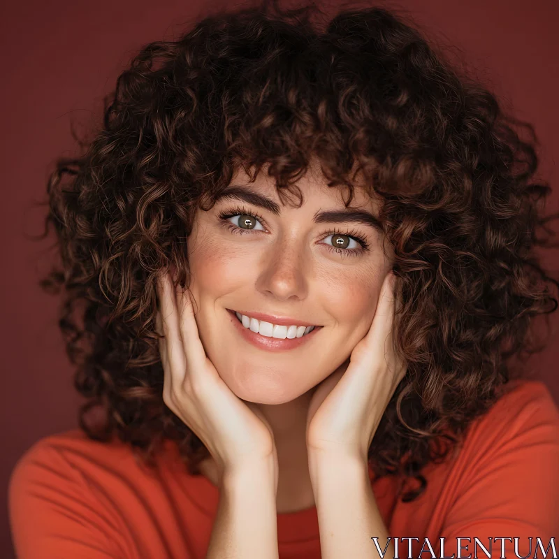 Cheerful Woman with Curly Hair Smiling AI Image