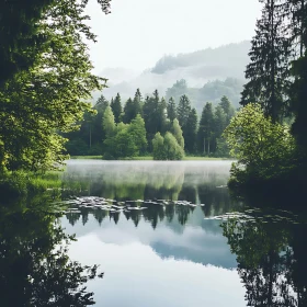 Serene Misty Lake in Lush Forest