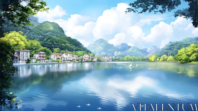 AI ART Tranquil Lake Scene with Swans and Mountain Backdrop