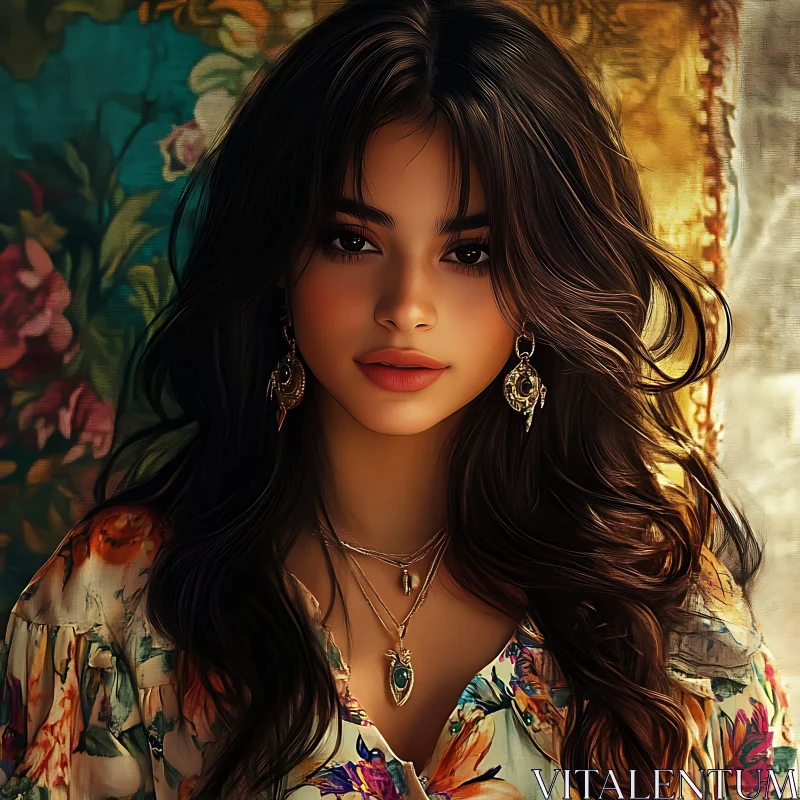 Stylish Woman with Dark Hair and Floral Attire AI Image