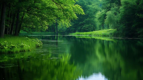 Tranquil Forest Lake Reflecting Greenery