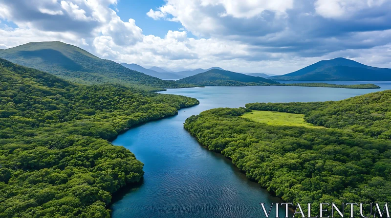 Aerial Landscape of Lake and Forest with Mountains in the Background Aerial Landscape of Lake and Forest with Mountains in the Background