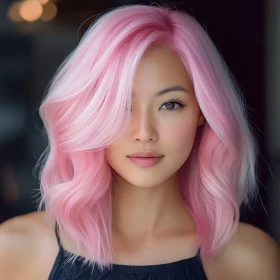 Serene Woman with Pink Wavy Hair in Black Top