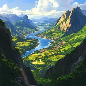 Serene River Through Verdant Mountains