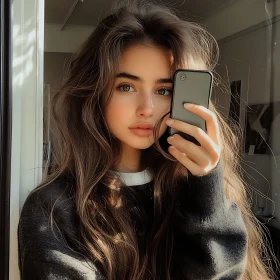 Sunlit Selfie of a Young Woman with Long Hair