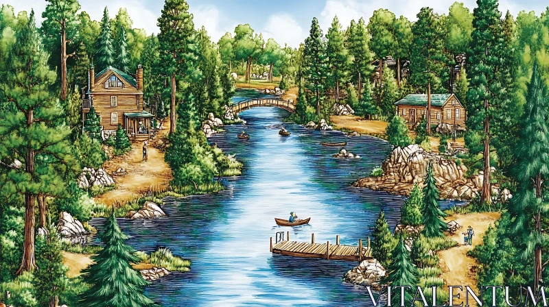 Peaceful Lake, Cabins, and Forest Landscape Peaceful Lake, Cabins, and Forest Landscape