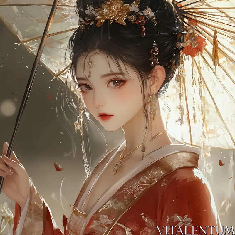 Graceful Anime Lady with Japanese Umbrella in Elegant Kimono Graceful Anime Lady with Japanese Umbrella in Elegant Kimono
