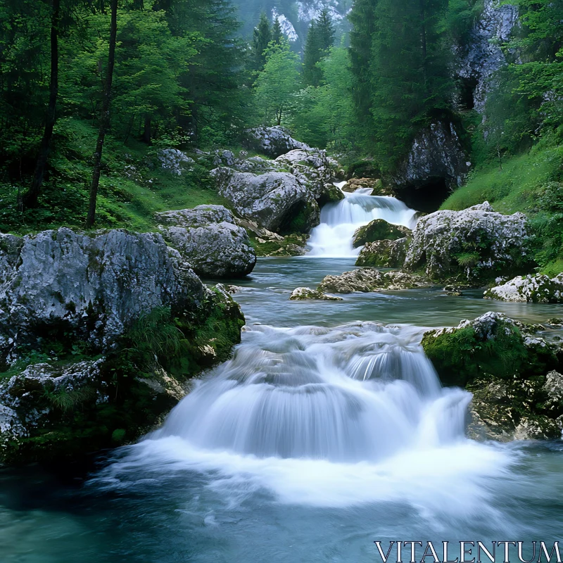 Waterfall in a Verdant Forest Setting