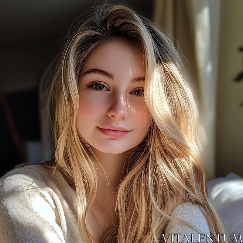 Close-Up of Blonde Woman in Warm Sunlight AI Image