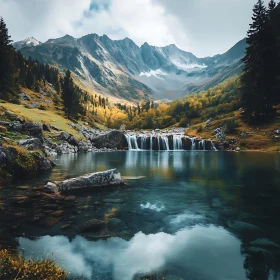 Serene Lake Flanked by Mountains and Waterfall