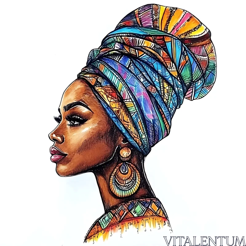 Graceful Woman in Vibrant Headwrap and Ornate Earrings AI Image