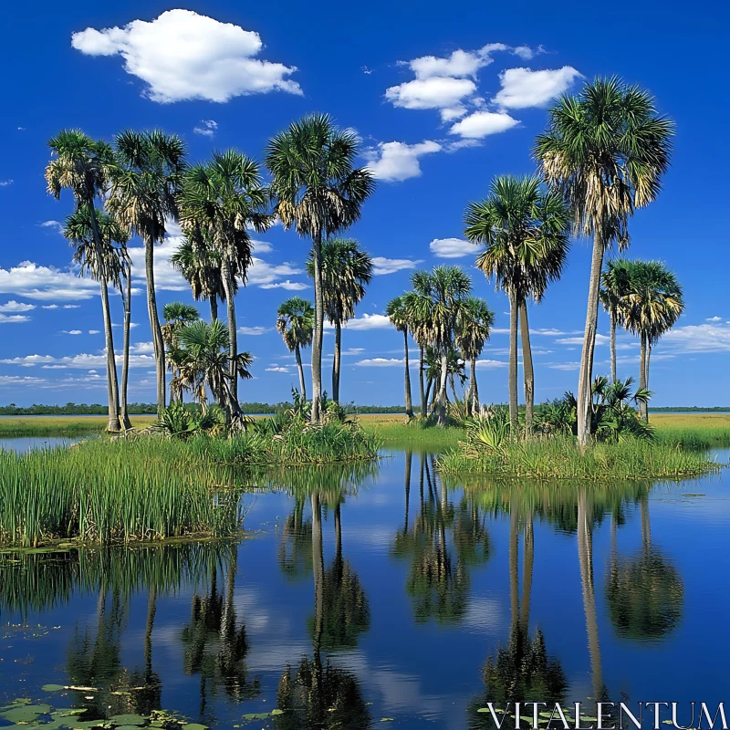 Peaceful Oasis with Palm Trees and Clear Water Reflections Peaceful Oasis with Palm Trees and Clear Water Reflections
