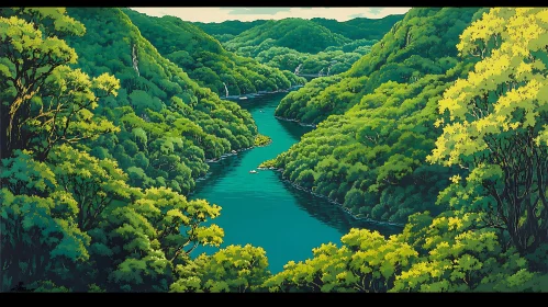 Tranquil River Scene Amidst Verdant Forest