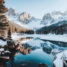 Pristine Mountain Lake Reflecting Snowy Mountains