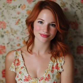 Red-Haired Woman in Floral Background