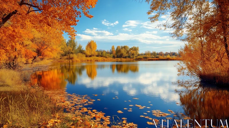 Reflections of Autumn Around a Peaceful Lake AI Image