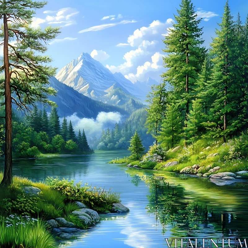 AI ART Majestic Mountain and Serene River Scene