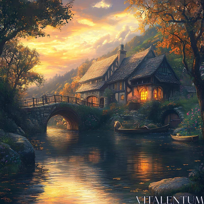 AI ART Riverside Cottage in Autumn Glow